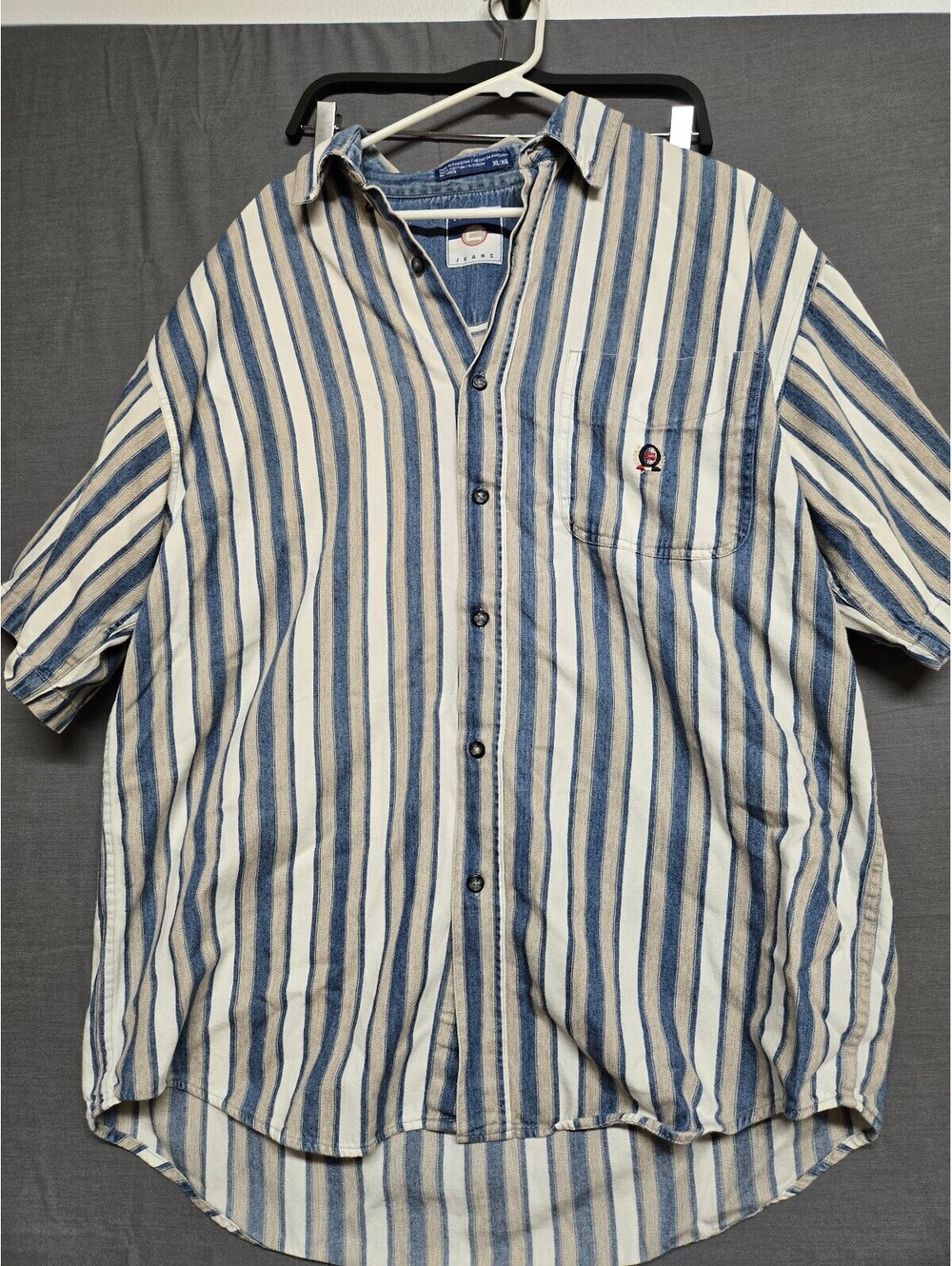 Vintage Coliseum Striped Button Front Shirt Blue Tan White XXL